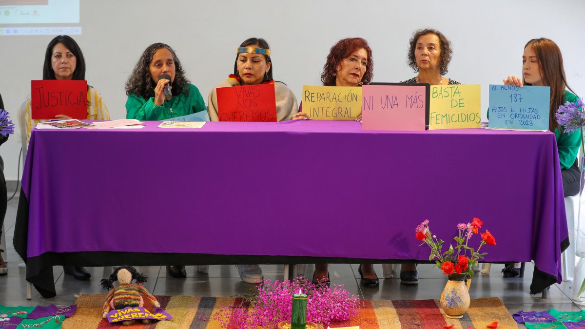 La presidenta de la Fundación Aldea, Geraldina Guerra (2-i), acompañada de activistas, habla durante una rueda de prensa este 31 de enero de 2024 en Quito (Ecuador).