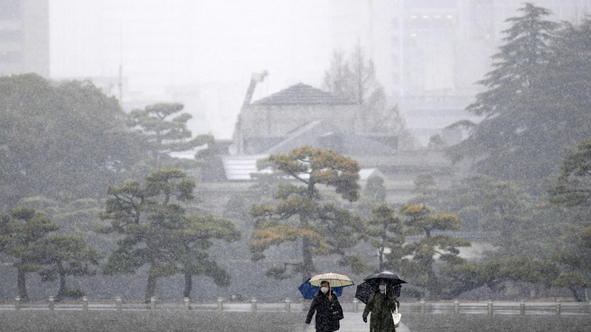 Unas personas caminan durante las nevadas en los jardines que rodean el Palacio Imperial en Tokio, Japón, el 5 de febrero de 2024.