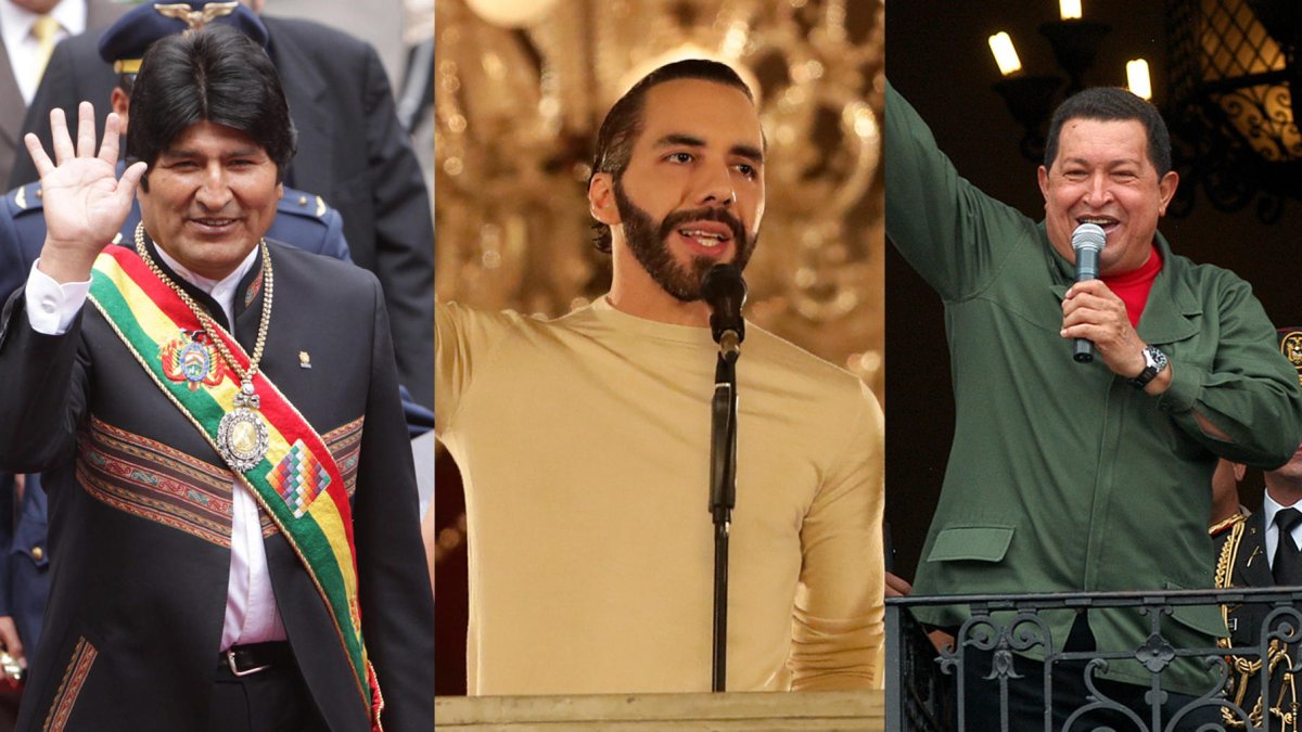 Combo de fotografías de archivo: Evo Morales, Nayib Bukele y Hugo Chávez.