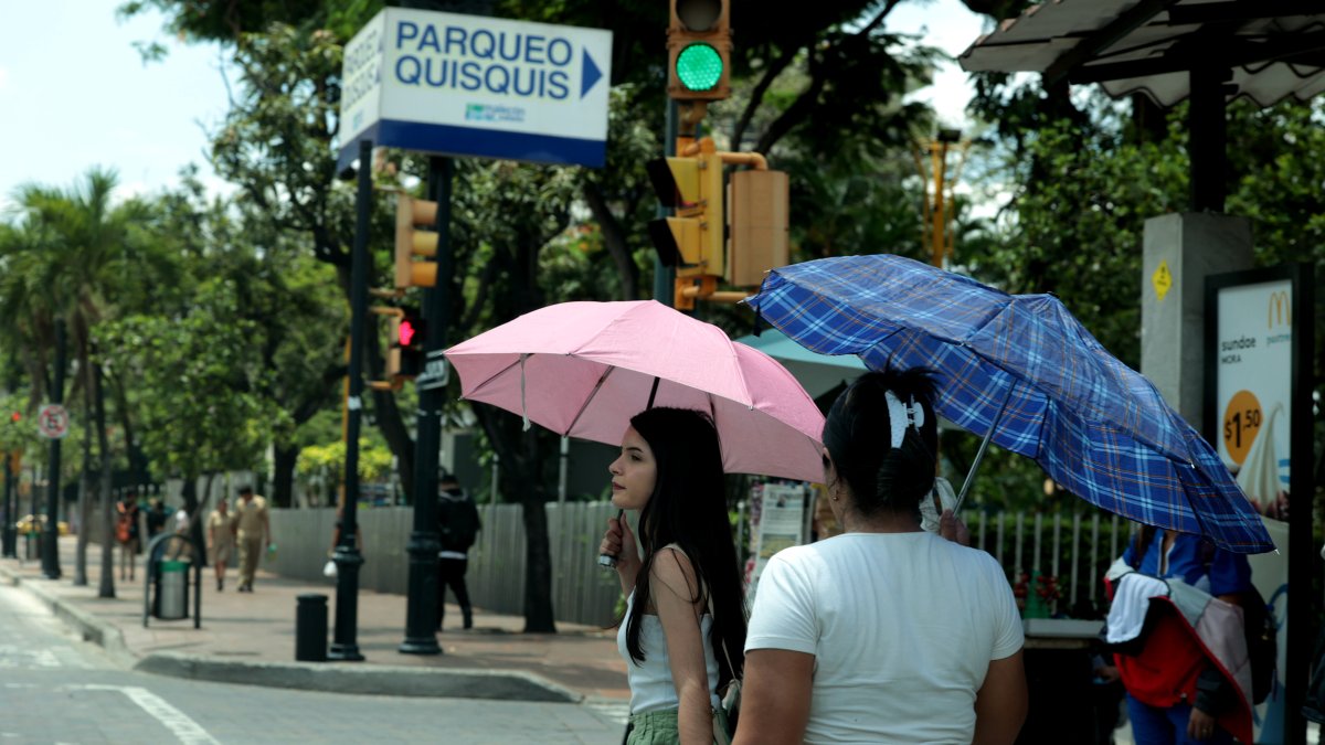 Temperatura. Ciudadanos se protegen del sol con sombrillas.