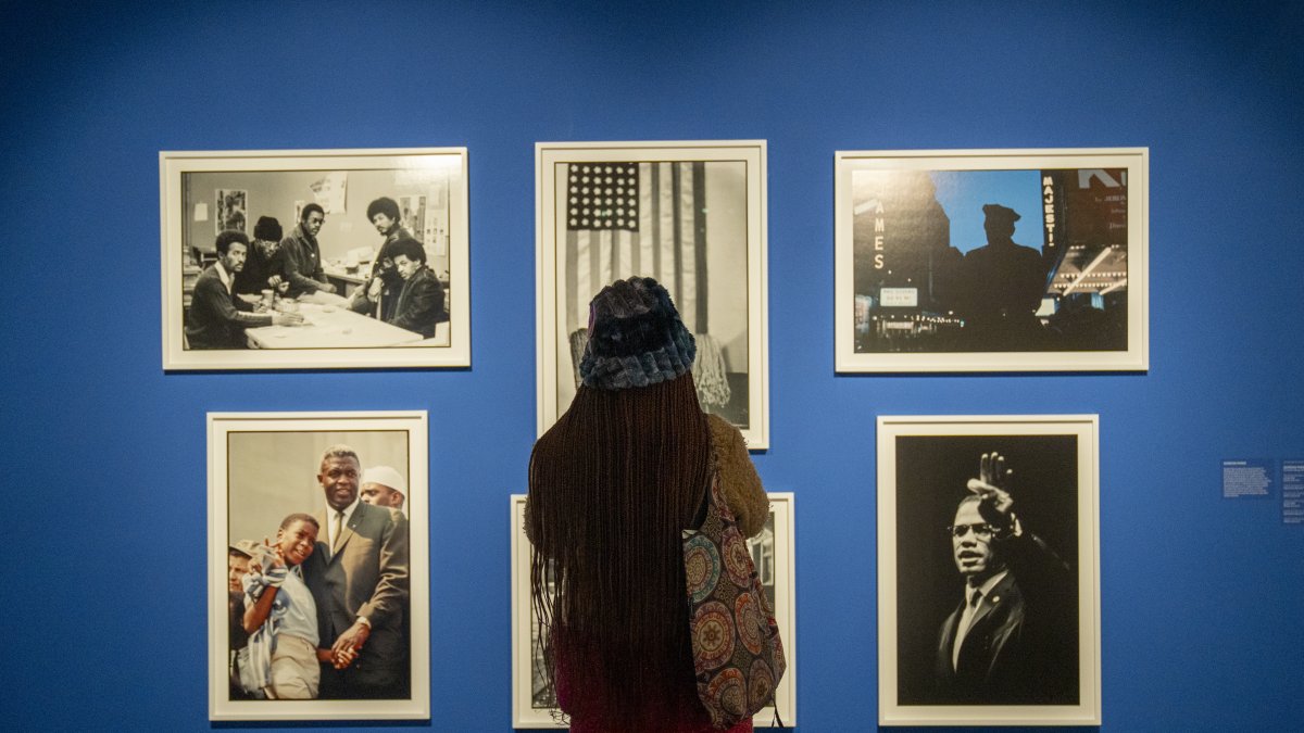 Una mujer observa fotografías de Godon Paks, perteneciente a la colección de arte de la cantante Alicia Keys y su marido el productor Swizz Beatz, titulada 'Giants' ('Gigantes').