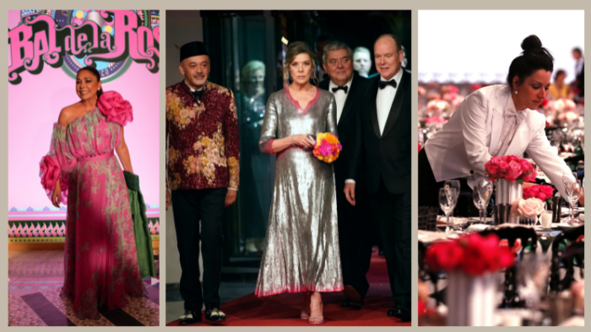 En la gala de 2023, Isabel Pantoja llamó la atención con su traje de grandes rosas. En la foto central, la princesa Carolina y el príncipe Alberto junto a Christian Louboutin (segundo a la izquierda).