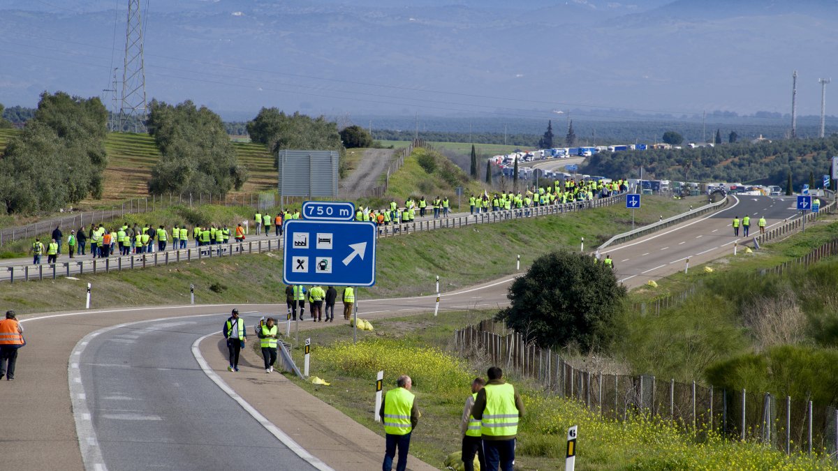 Jaén. Centenares de agricultores cortan la autovía A-4 en esta ciudad española, el miércoles 14 de febrero de 2024.
