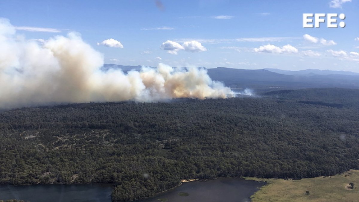 Una fotografía proporcionada por el Servicio de Bomberos de Tasmania muestra un incendio forestal en las Tierras Altas Centrales de Tasmania, Australia, el 22 de febrero de 2024.