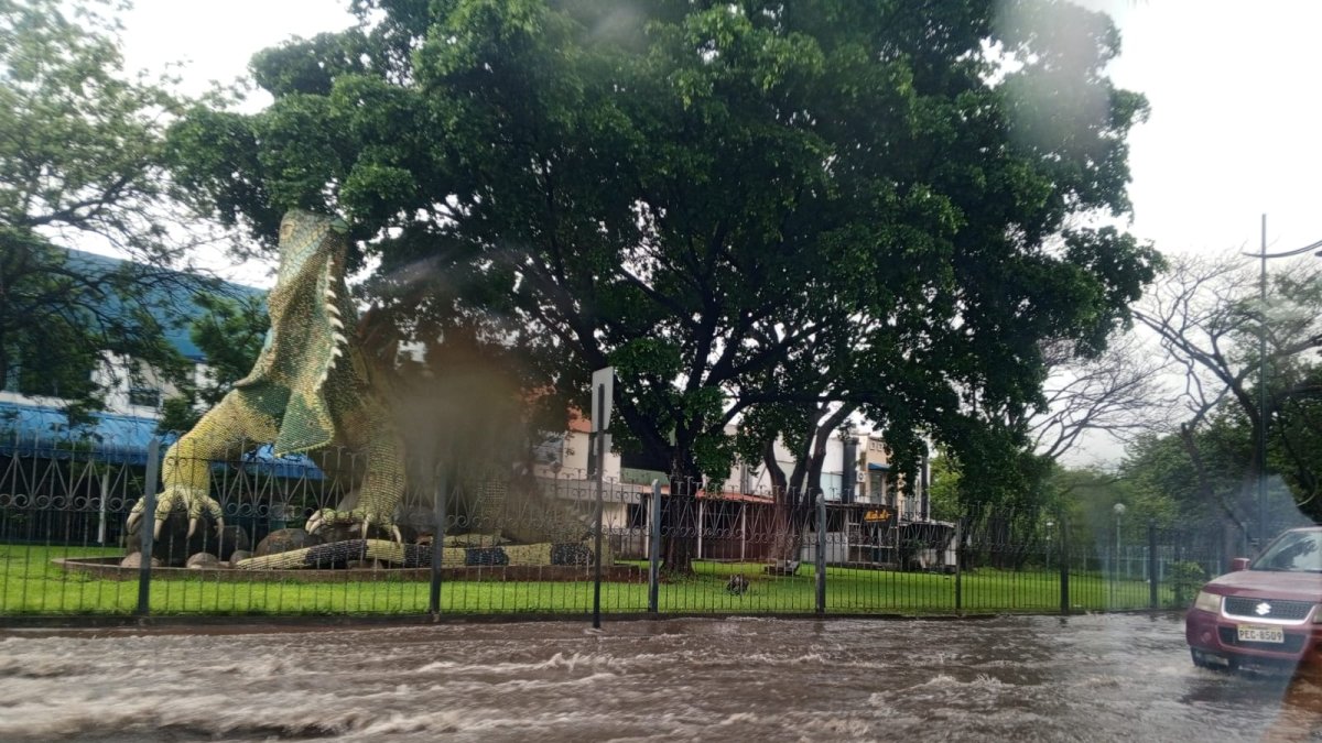 Acumulación de agua en Las Monjas tras lluvia caída este lunes 26, en el norte de Guayaquil.