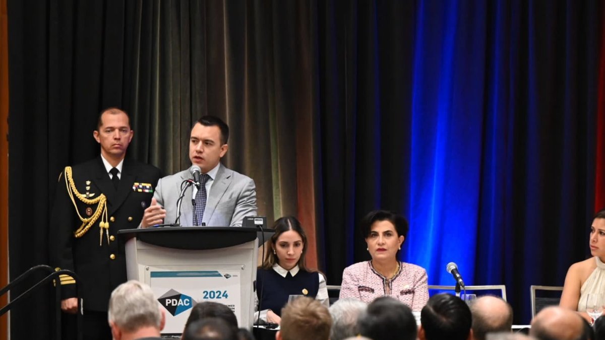 El presidente de la República, Daniel Noboa, en su intervención en PDAC 2024.