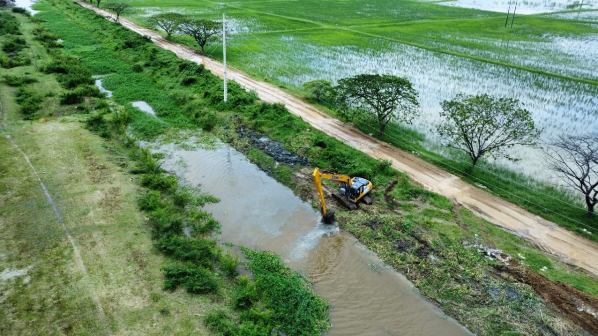 Con maquinaria de brazo largo se realizan los trabajos en el canal.