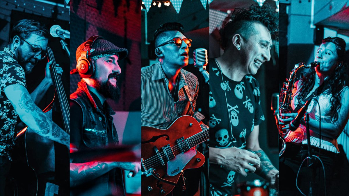 Los Rockin’ Crueles son Pepe Jaramillo (contrabajo), Carlos Cisneros (batería), Xavi Cruel (guitarra y voz), Mario Troya (guitarra) y Erika Escorza (saxofón).