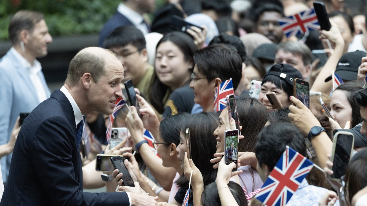 Archivo. El Príncipe Guillermo de Gran Bretaña saluda a la multitud reunida frente al Rain Vortex, en Singapur.