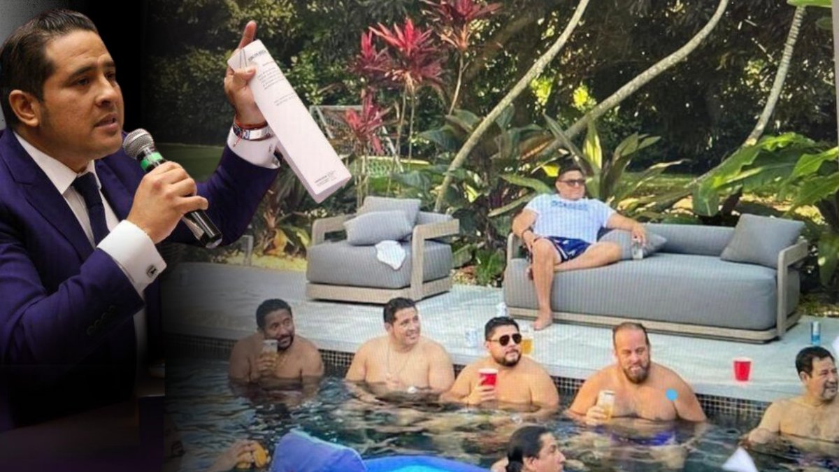Figura. En 2022, Ronny Aleaga acudió a Miami a una fiesta en casa del prófugo Xavier Jordán. En la cita imagen aparece Leandro Cortázar, hoy prófugo en el caso Encuentro