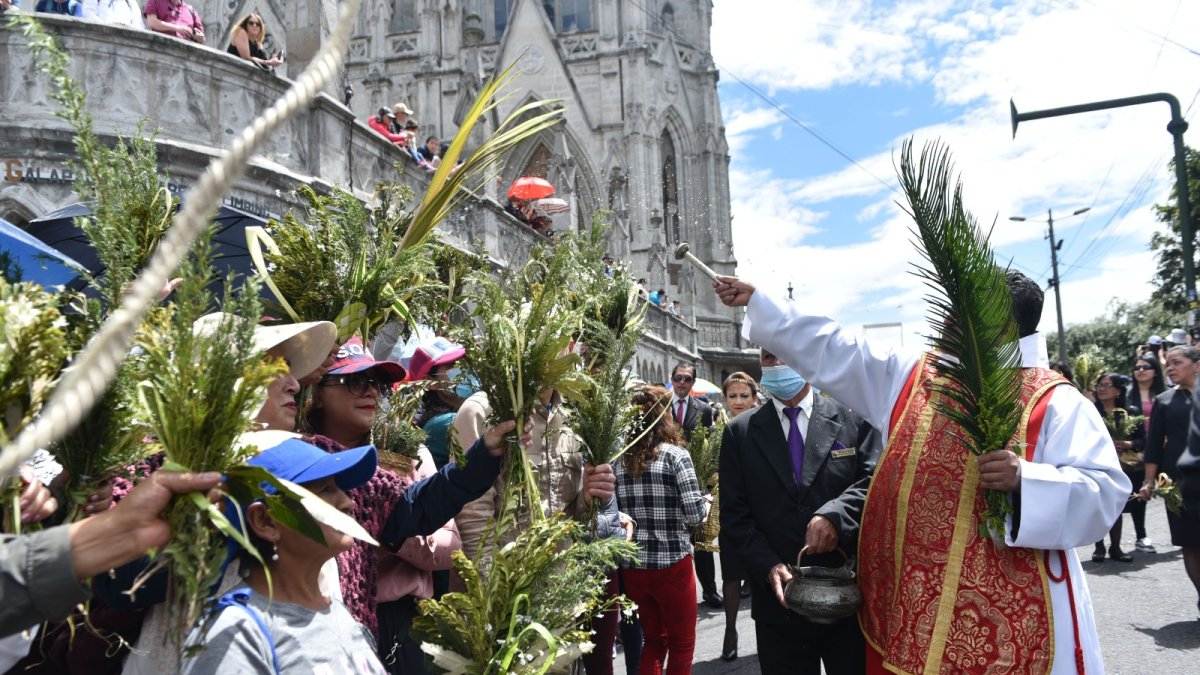 Los fieles católicos llevan las palmas para bendecirlas.