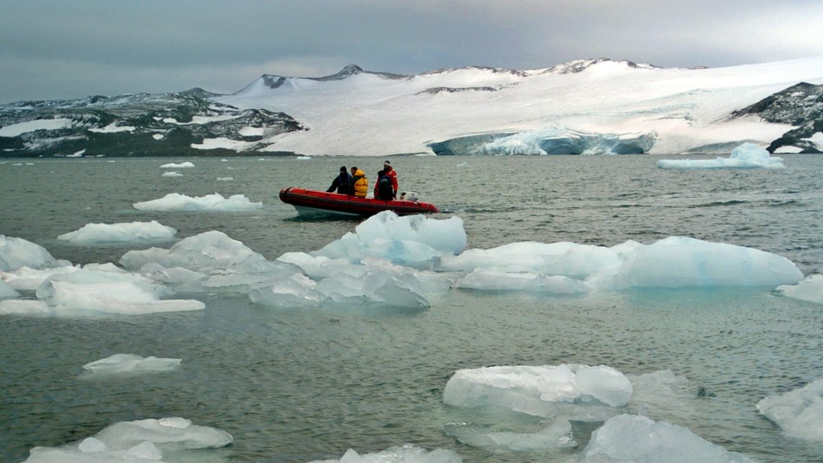 Una lancha ligera recorre, entre trozos del deshielo, las aguas que rodean la Antártida.