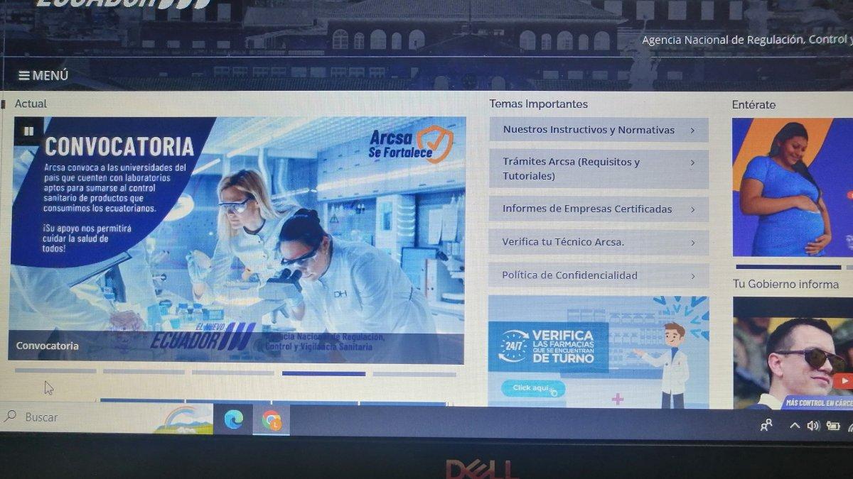 Web.- La página Web de la Agencia Nacional de Regulación, Control y Vigilancia Sanitaria (Arcsa)