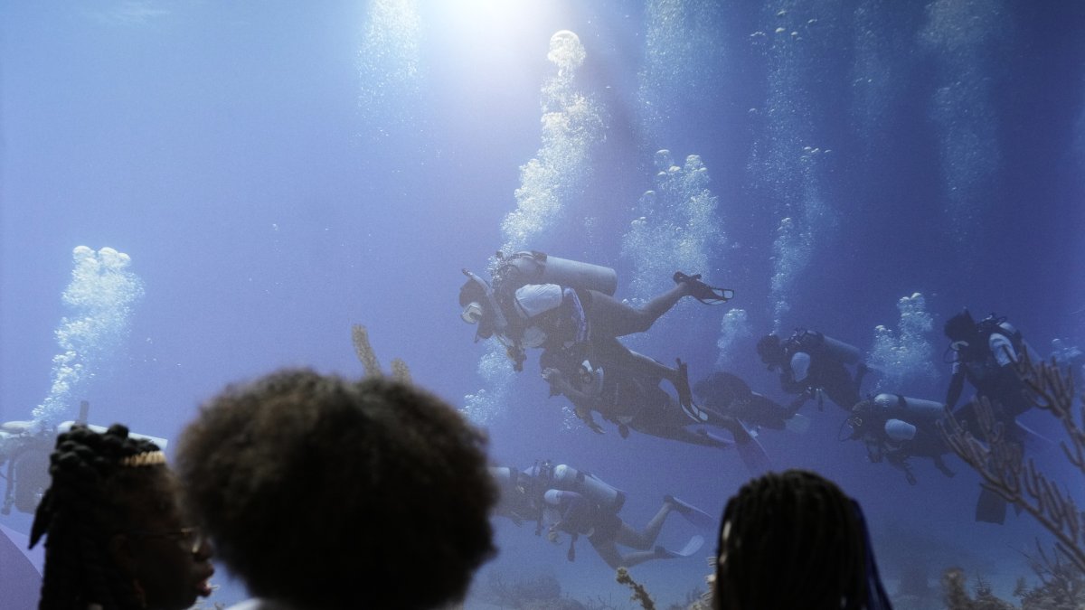 Varios visitantes en uno de los stands durante la segunda jornada de la Conferencia del Decenio de los Océanos de la Unesco en Barcelona.