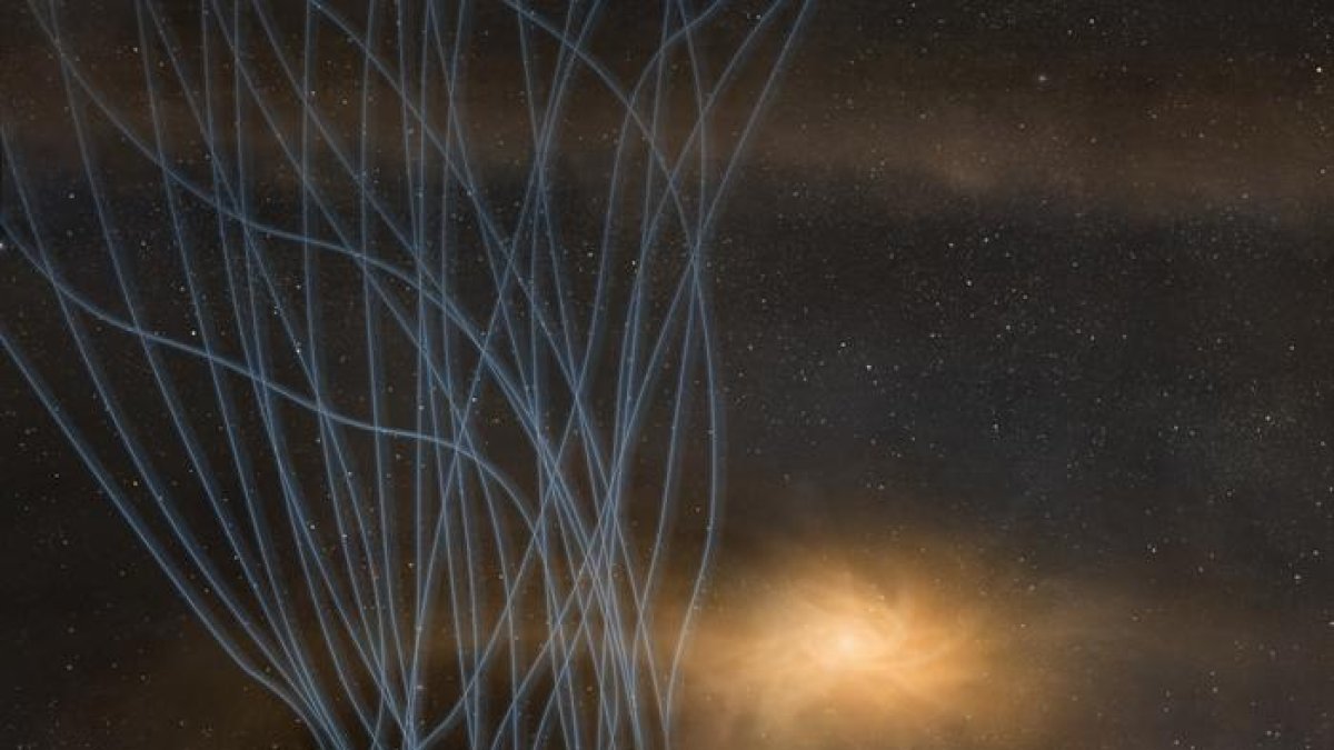 Picos de flujo magnético, gas y polvo en azul.