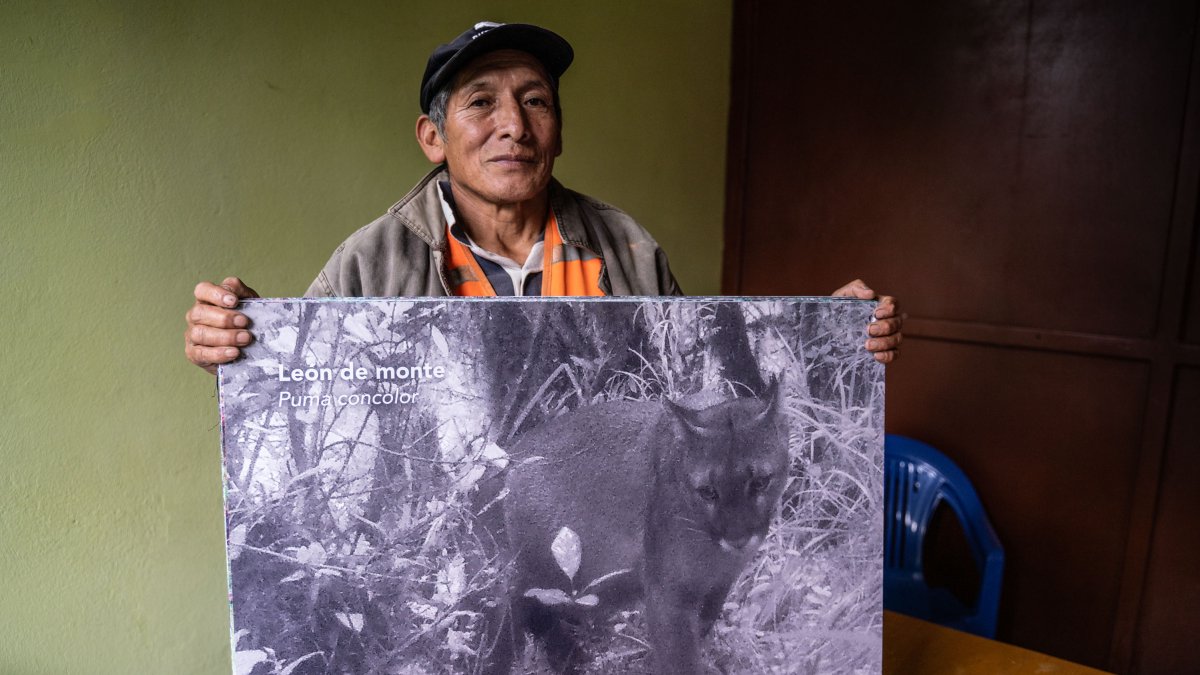 Hilario Rojas Guerrero posa con una impresión de una imagen obtenida con la cámara trampa ubicada en la zona de conservación Chicuate - Chinguelas, en la región Piura.