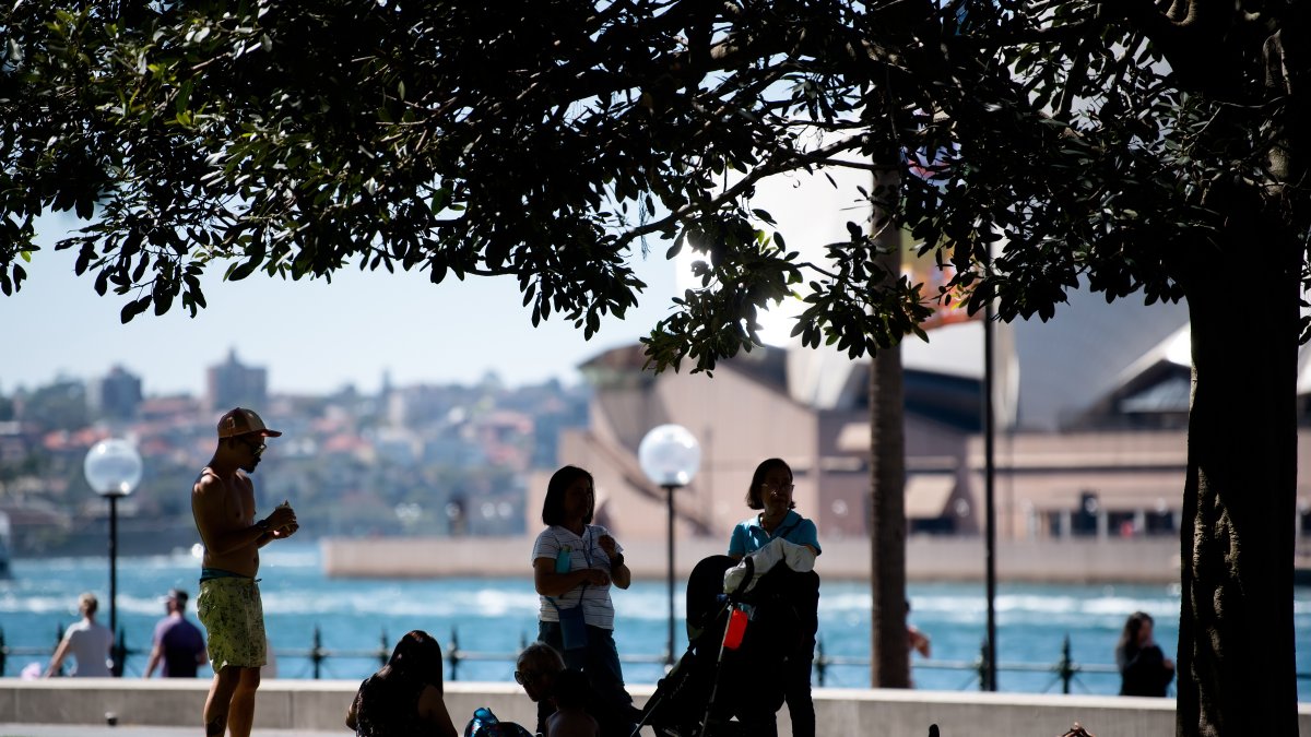 Un grupo de gente se resguarda en la sombra ante un caluroso día registrado en Sídney.