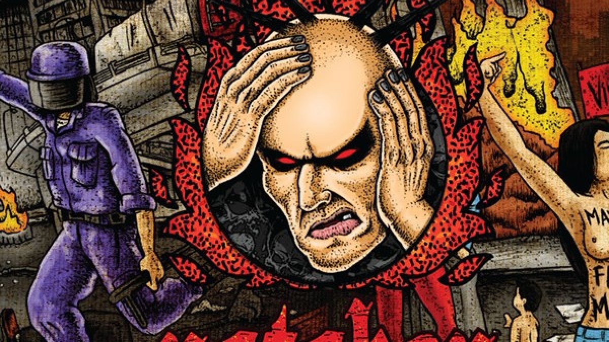 Arte del disco de 2014 'Sociedad en llamas' de la banda guayaquileña de hardcore Notoken, que forma parte de las bandas que tocarán el segundo día del Metal Fest, el viernes 19 de abril.