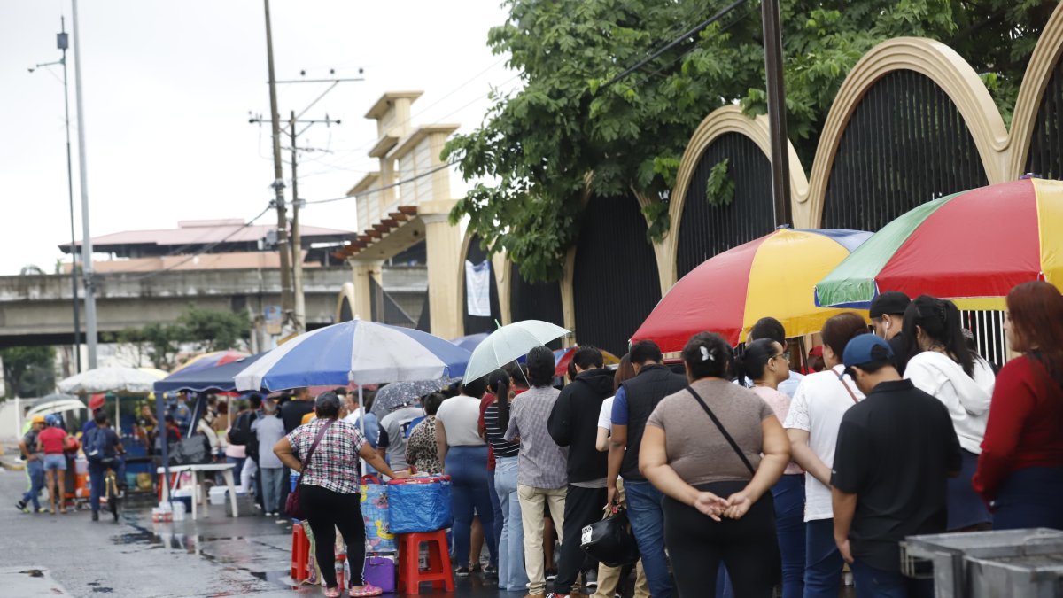 Los electores hacen fila en los exteriores de los recintos electorales cubriéndose de las lluvias con paraguas