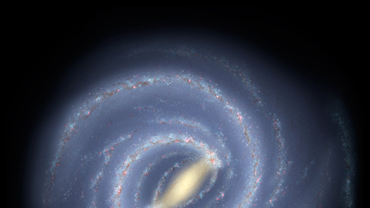 Impresión artística de la estructura de la Vía Láctea. La barra es la estructura alargada amarillenta que cruza el centro de la galaxia.