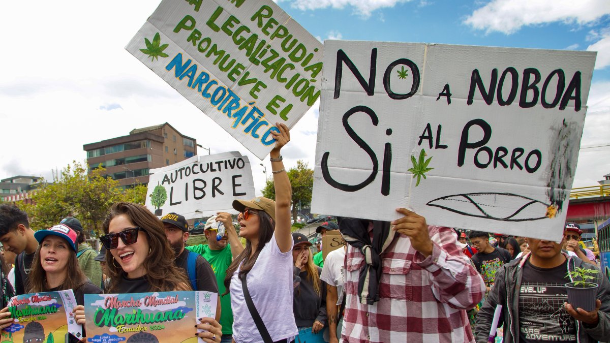 Personas se manifiestan durante la Marcha Mundial de la Marihuana este jueves, en Quito (Ecuador).