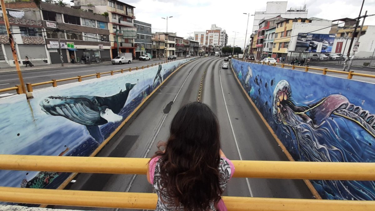 Atractivo. Los peatones admiran el paisaje marino que se plasmó en la intersección de las avenidas América y Mariana de Jesús, en el norte.