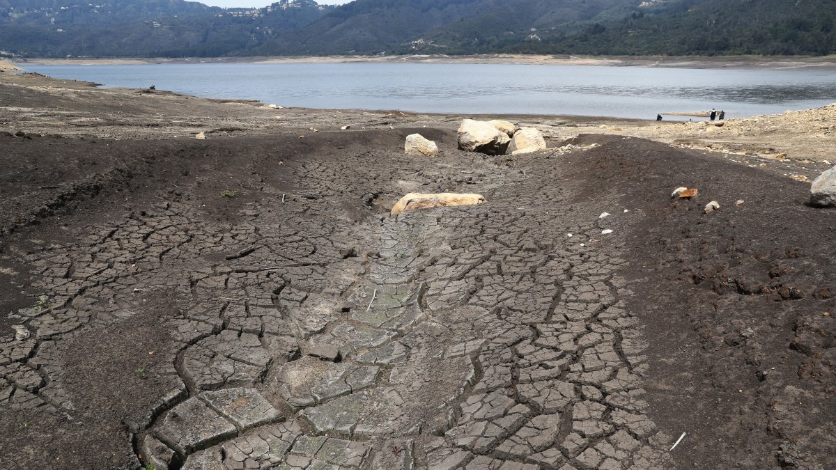 Fotografía de las extensas playas formadas por la falta de agua en el embalse San Rafael el 9 de marzo del 2024, ubicado en el municipio de La Calera (Colombia). 