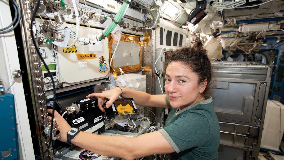 La astronauta de la NASA Jessica Meir instala el densitómetro óseo