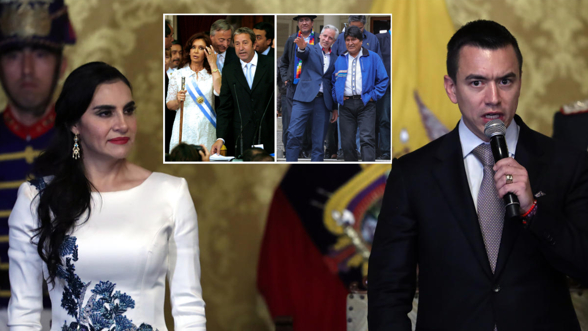 Foto general: presidente de Ecuador Daniel Noboa y a la vicepresidenta Verónica Abad. Arriba: la presidenta de Argentina Cristina Fernández y el vicepresidente Julio Cobos y, el presidente de Bolivia Evo Morales y el vicepresidente Álvaro García Linera.