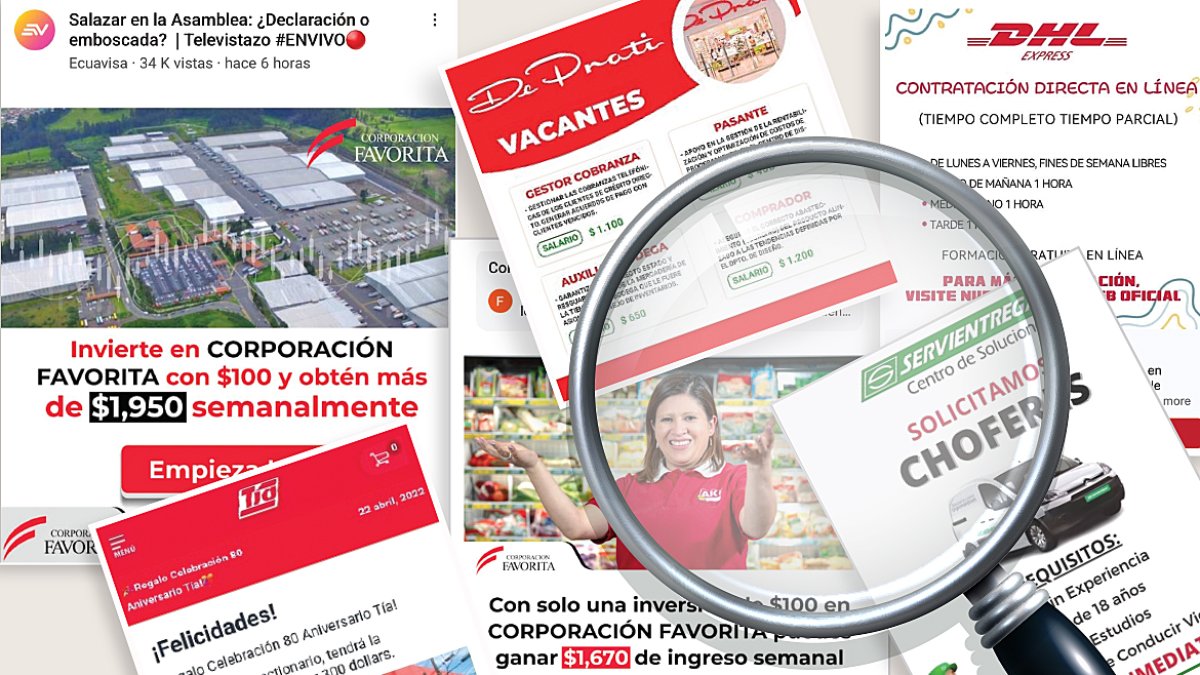 Anuncios falsos que circulan en redes sociales.