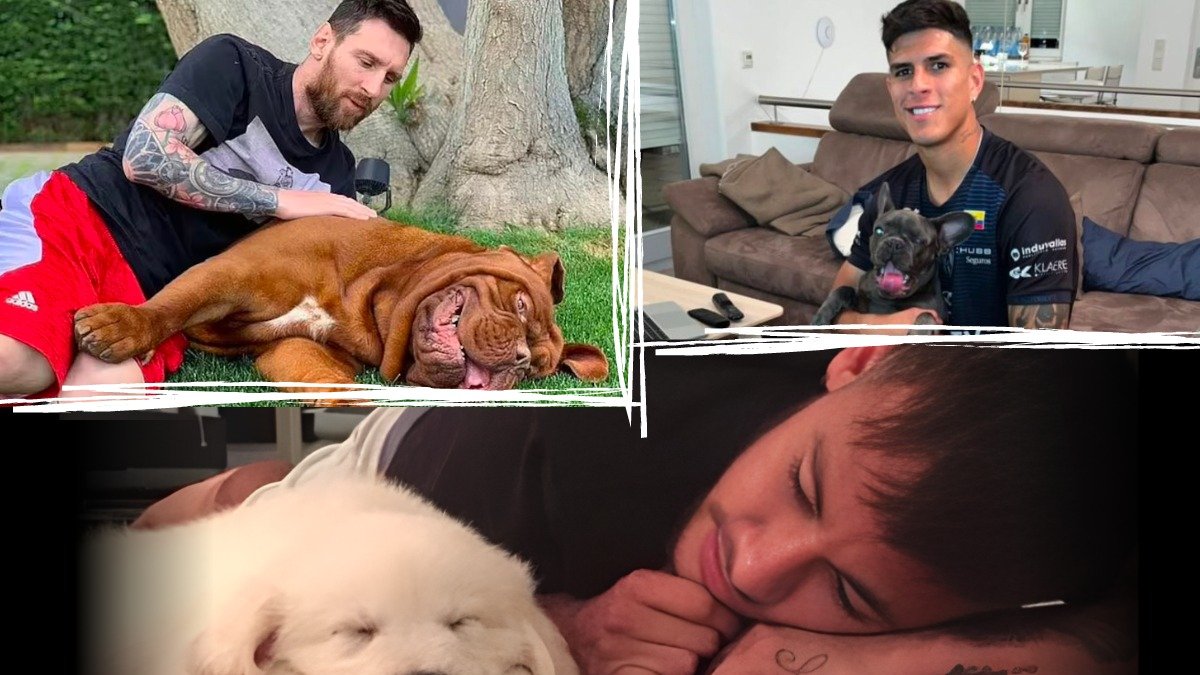 Lionel Messi, Piero Hincapié y Neymar con sus mascotas.