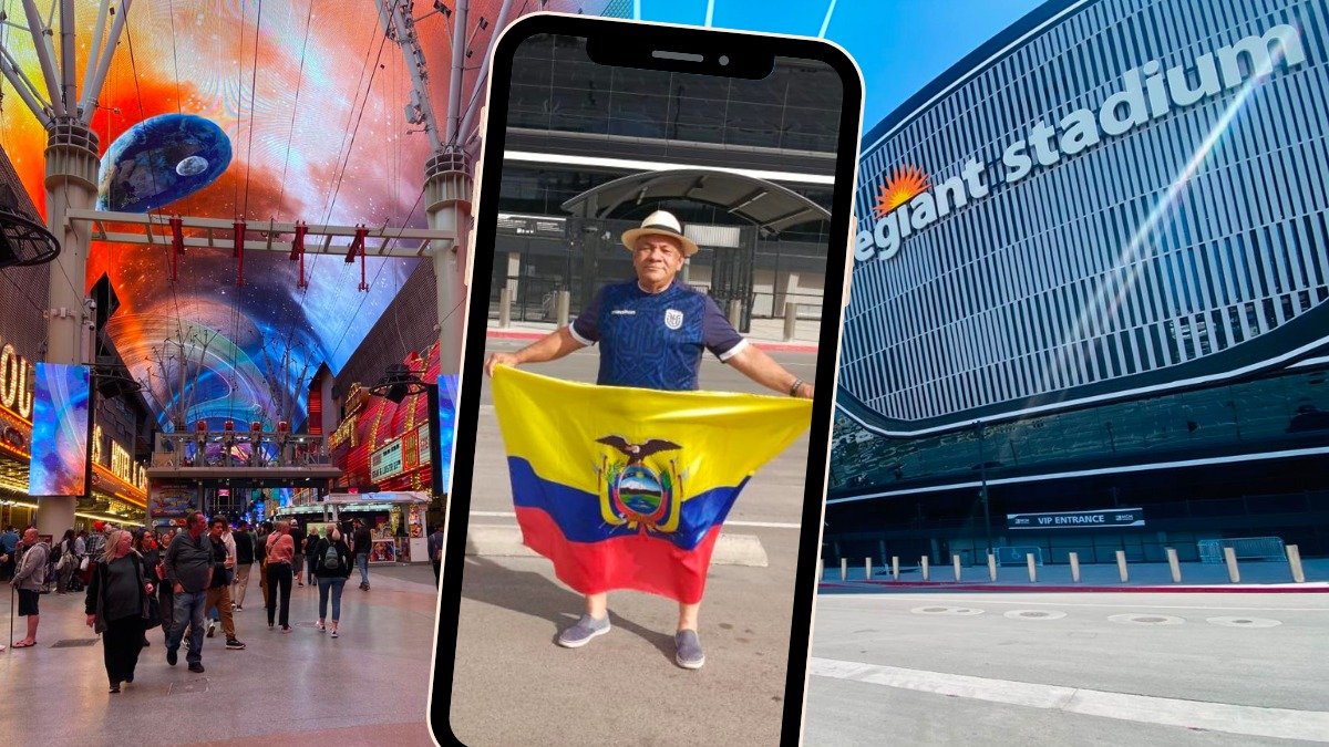 Fernando Álvarez, y su bandera en el Allegiant Stadium de Las Vegas, donde jugará Ecuador vs Jamaica.