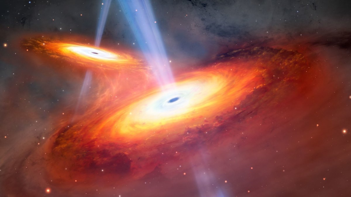 Esta ilustración muestra dos cuásares en proceso de fusión.  