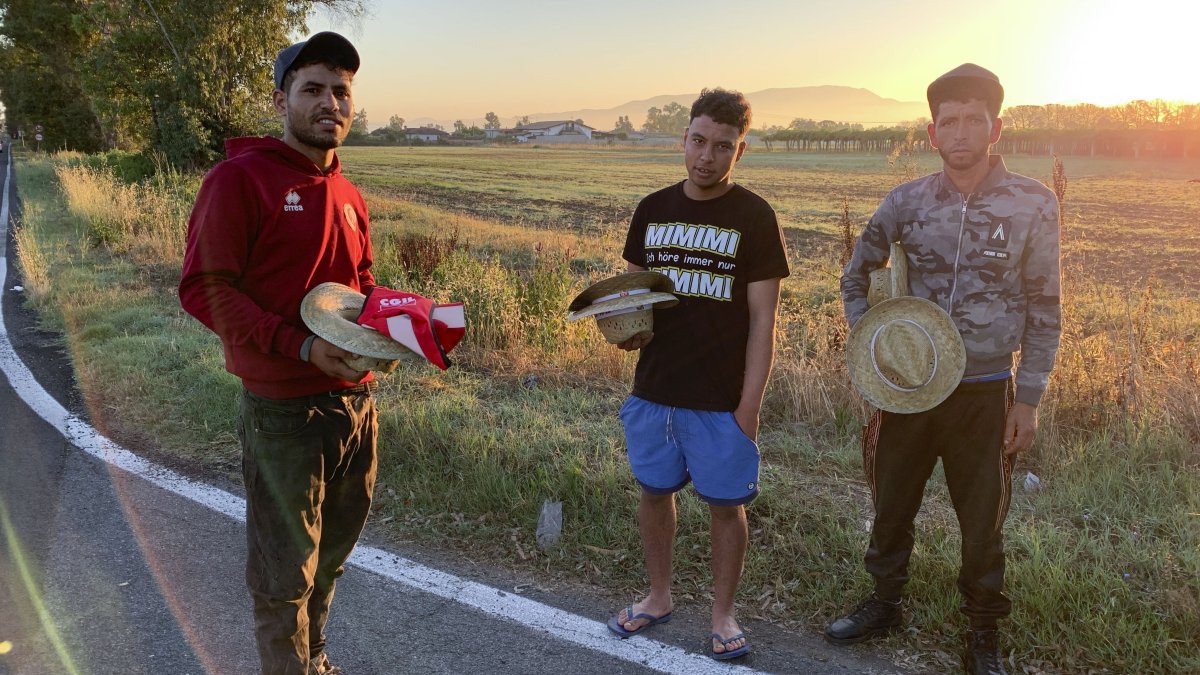 Trabajadores de Túnez al amanecer en una carretera en la provincia de Latina, esperando a que les pasen a recoger para ir a trabajar al campo.