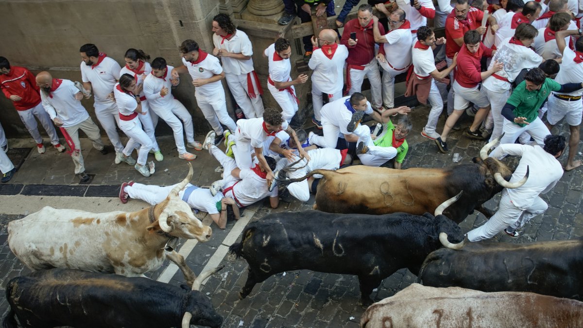 Unos corredores caen delante de los toros de la ganadería gaditana de La Palmosilla en el tramo del ayuntamiento durante el primer encierro de los Sanfermines en el Día de San Fermín.