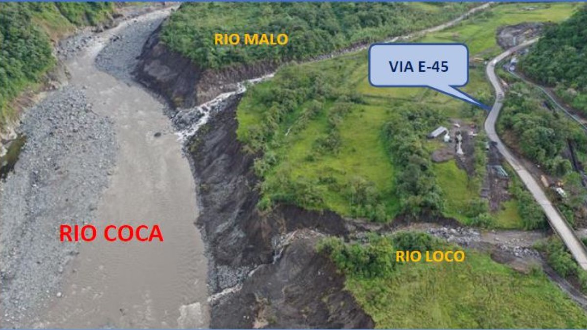 Vista. Toma aérea de las afectaciones por el avance de la erosión regresiva en la provincia de Napo.