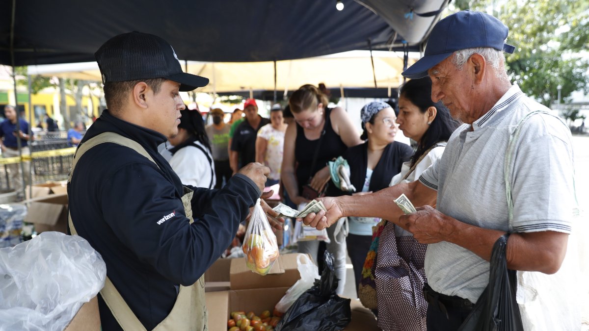 Un hombre compra en uno de los mercados alternativos de frutas y verduras lanzados por el gobierno, en el parque 