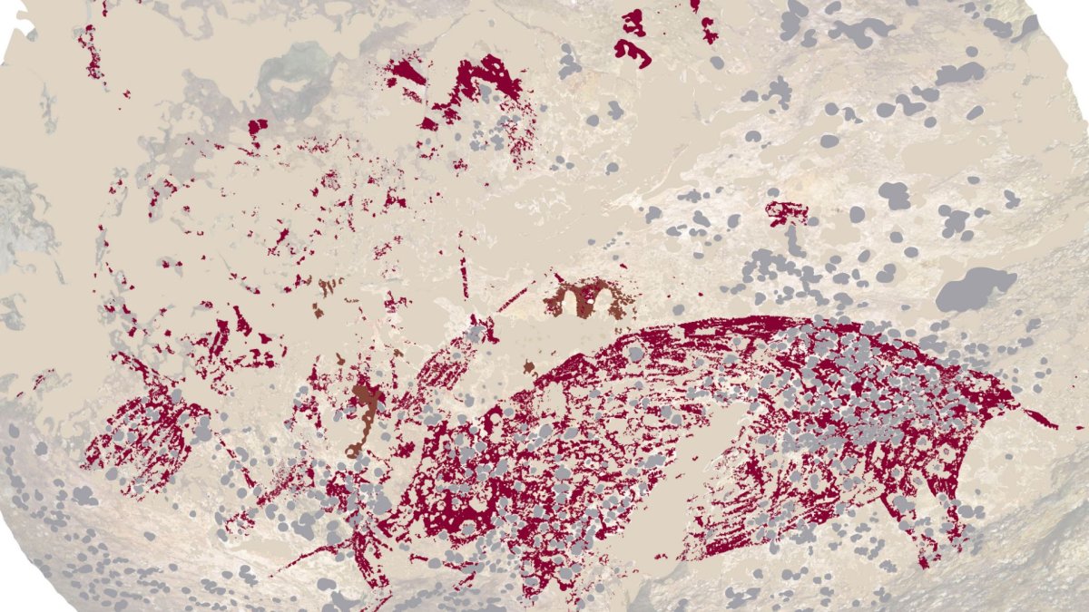 Imagen del Panel de arte rupestre fechado en Leang Karampuang. Imagen cedida por la Universidad Griffith, en Australia.