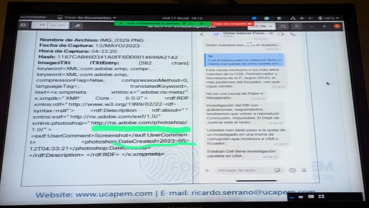 El ponente del juicio político contra Terán, Jorge Peñafiel, mostró los chats en el Pleno y dijo que estos han sido editados en un programa de edición de imágenes. 