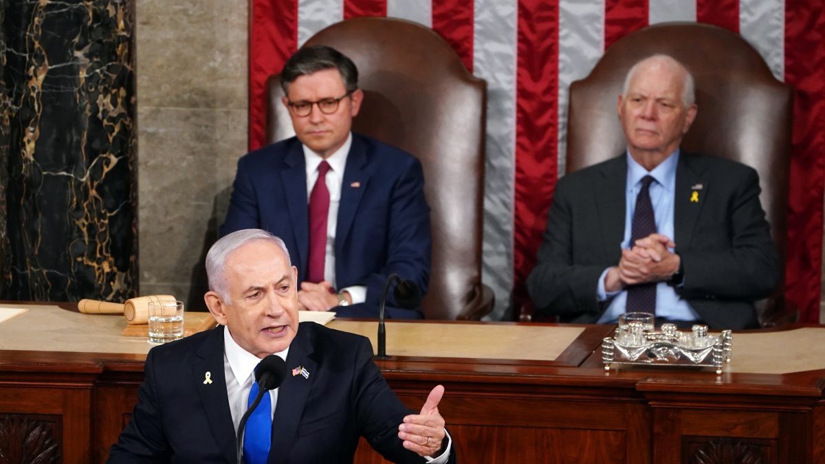 El primer ministro de Israel, Benjamin Netanyahu, pronuncia un discurso en una reunión conjunta del Congreso en la Cámara de Representantes, en el Capitolio de Washington, DC, Estados Unidos.