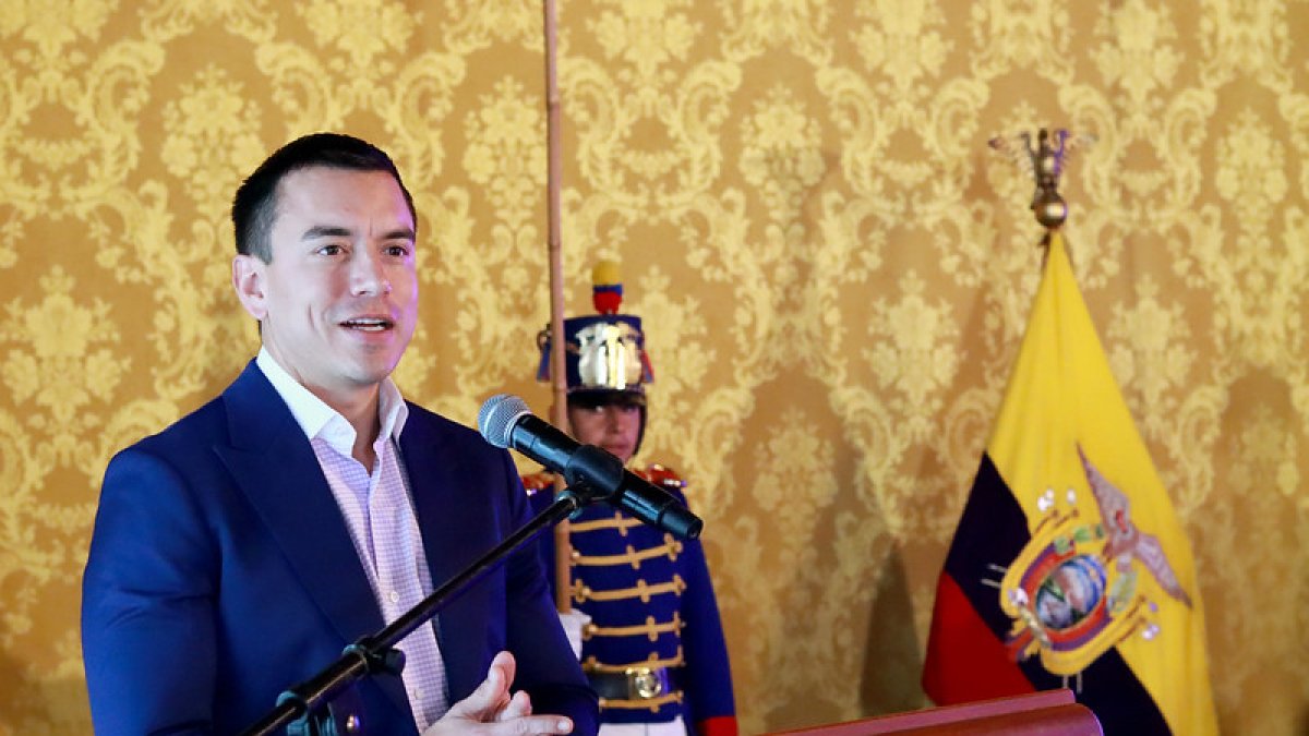 El presidente Daniel Noboa en el lanzamiento de una iniciativa este 26 de julio.