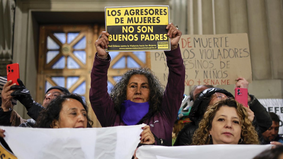 Mujeres de distintas agrupaciones feministas participaron de una manifestación en Santiago para pedir la renuncia del senador conservador Javier Macaya.