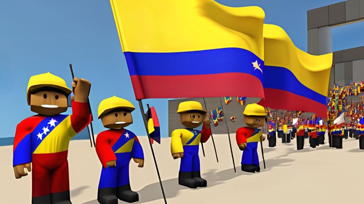 Imagen referencial generada con inteligencia artificial de personajes de Roblox en una protesta con banderas de Venezuela