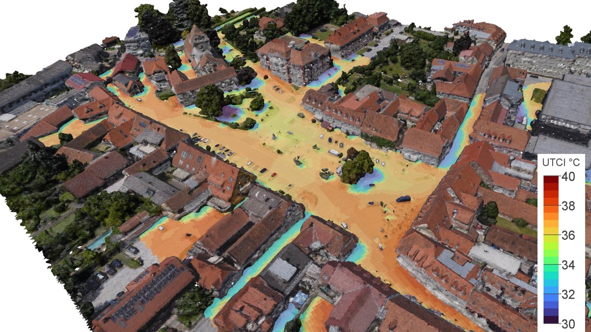 Mapa tridimensional y térmico del centro de la ciudad austriaca Weiz con los datos captados por los drones.