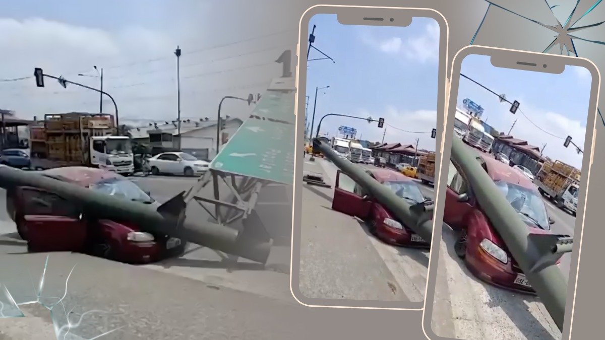 La estructura metálica que sostiene una señalética cayó sobre un carro en el kilómetro 11,5 de la vía a Daule, este viernes 6 de septiembre.