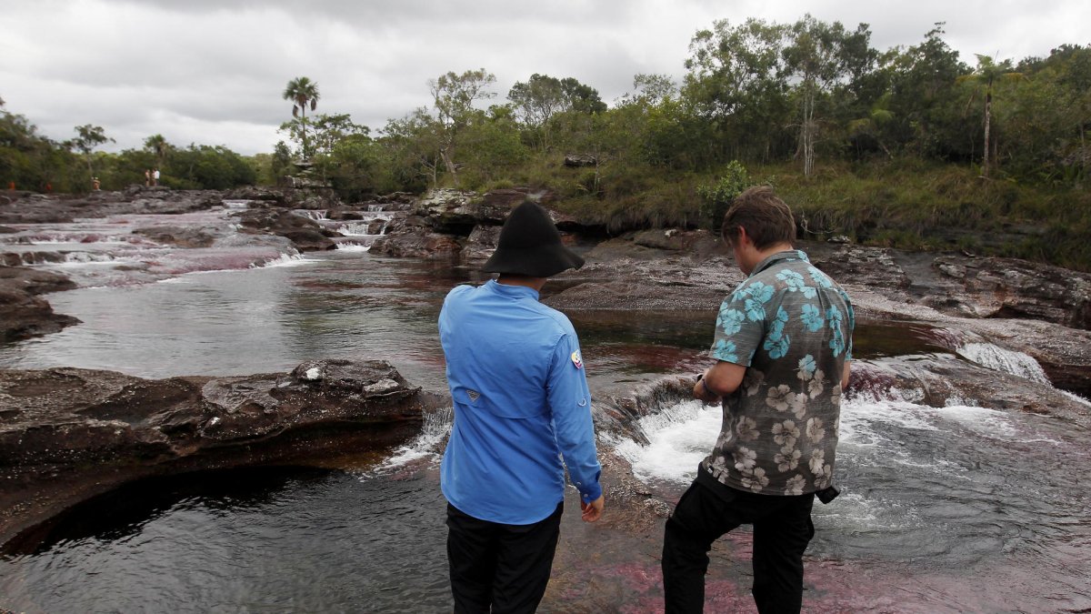 Dos personas observan el río Caño Cristales, también llamado el 
