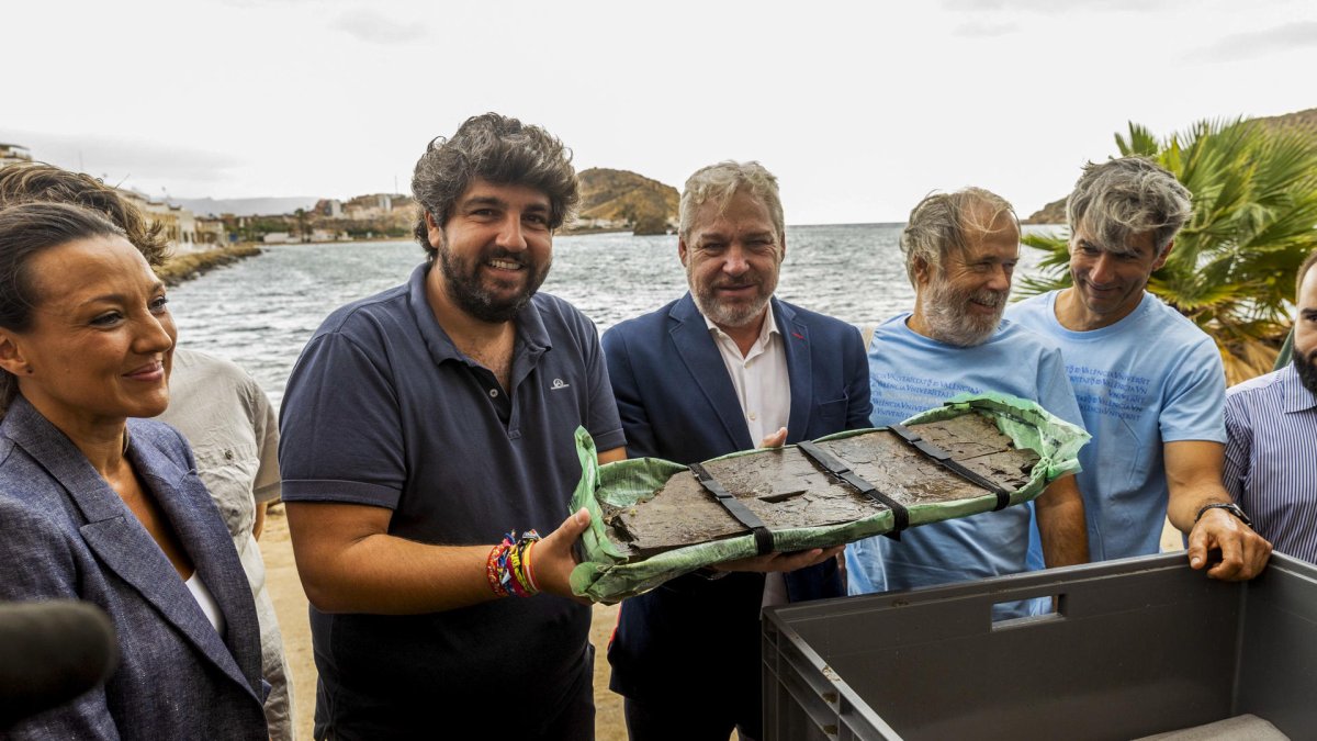 El presidente de Murcia, Fernando López, el alcalde de Mazarrón, Ginés Campillo, el arqueólogo de la Universidad de Valencia, Carlos de Juan, muestra parte de la proa de la nave fenicia
