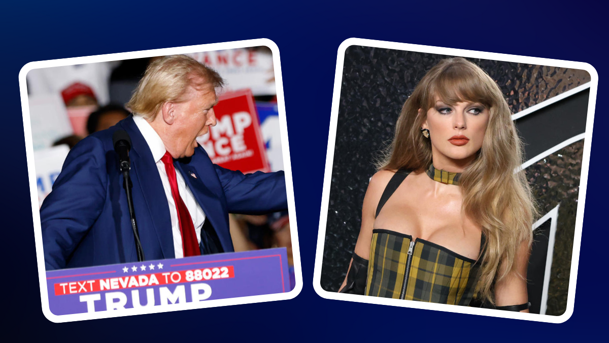 Combo de fotografías que muestra al candidato republicano Donald Trump (i) en un mitin de campaña en la Expo en el World Market Center en Las Vegas el pasado viernes y la cantante Taylor Swift posando durante la alfombra roja de los MTV Video Music Awards 2024