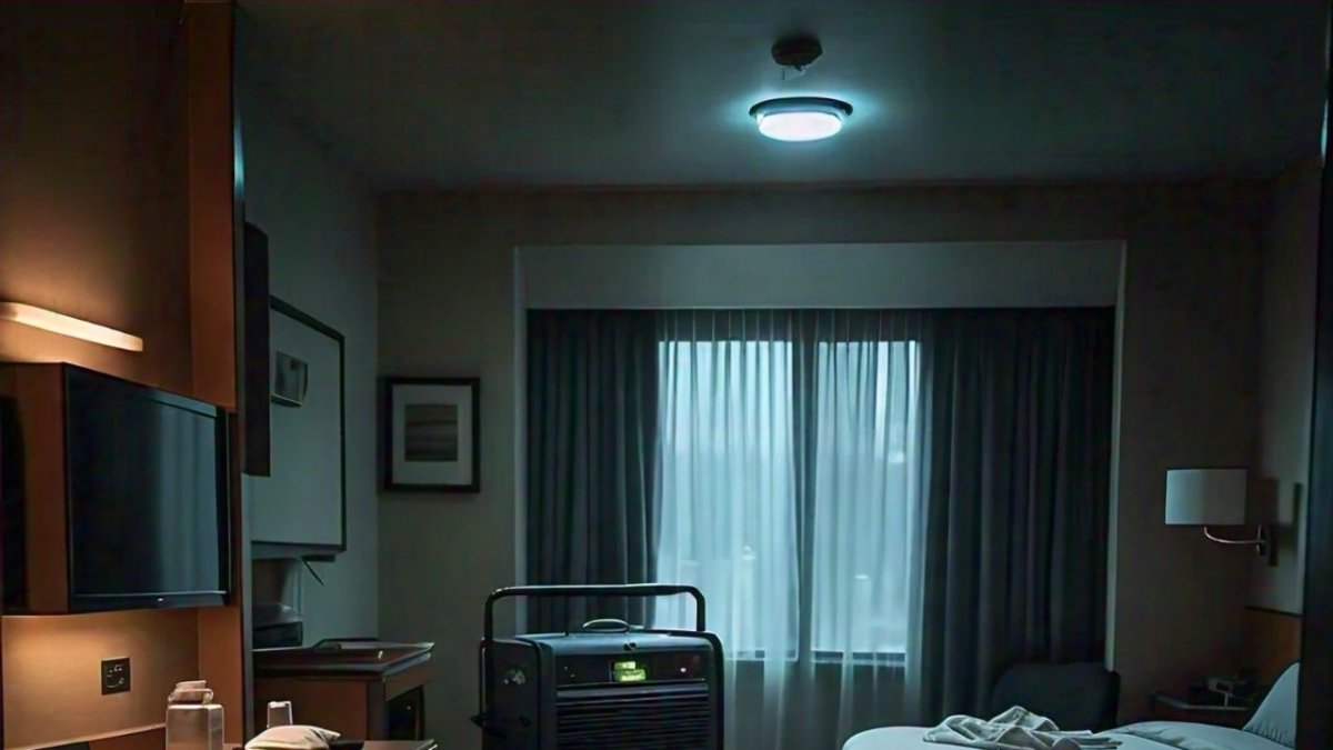 Referencial. Imagen generada con inteligencia artificial de una habitación de hotel con generador eléctrico.