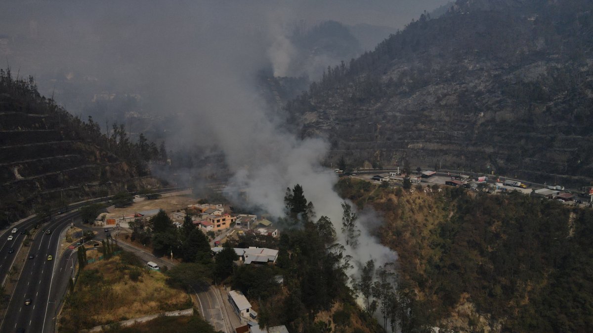 El incendio forestal que se inició en Guápulo se propagó hasta la avenida Simón Bolívar y avanzó hasta el cerro Auqui, en Quito.